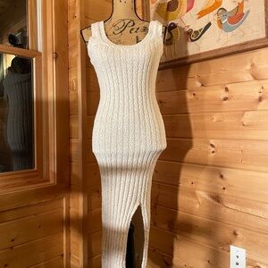 Cream Sweater Midi Dress with Slit